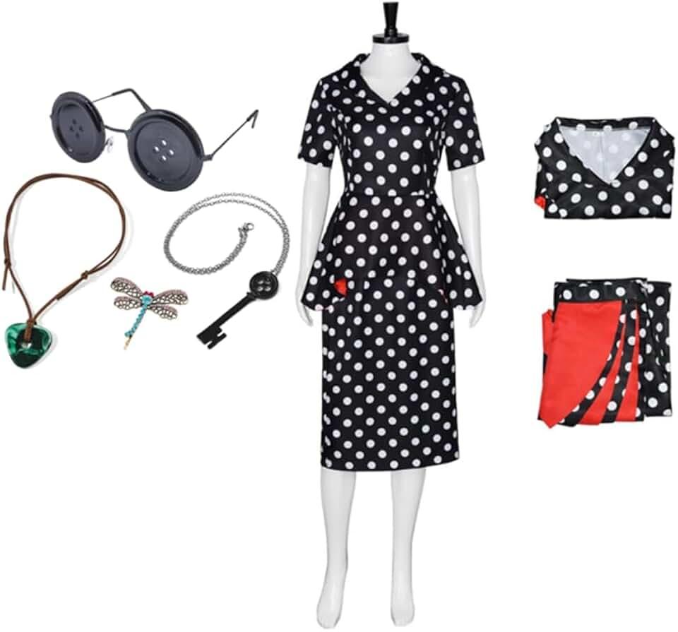 Coraline Costume Other Mother Cosplay Dress Uniform Retro Black White Polka Dot Dress with Hairclip