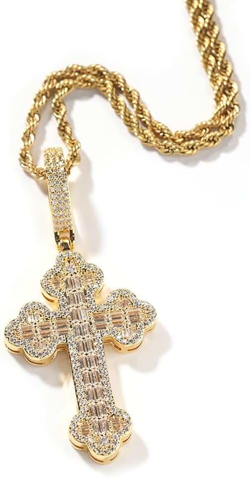 Lulu Mel Iced Out White Gold Plated Cubic Zirconia Cross Pendant Necklace With Rope Chain, Trendy