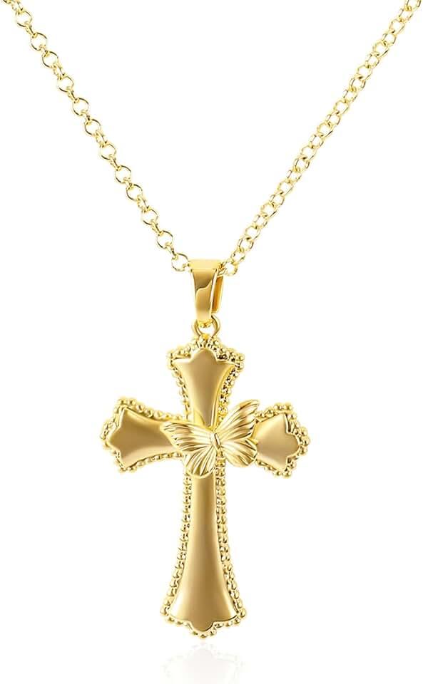 Cross Necklace for Women, 14K Gold Plated Dainty Crucifix Necklace CZ Faith Gold Cross Pendant