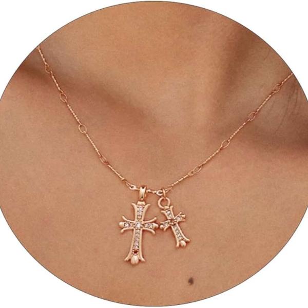 Cross Necklace 14K Gold/Silver Plated Double Cross Pendant Necklace Dainty Diamond Cross Charm Link