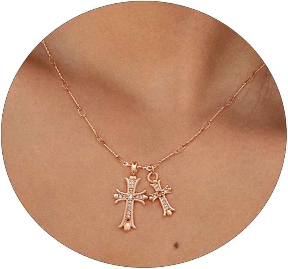 Cross Necklace 14K Gold/Silver Plated Double Cross Pendant Necklace Dainty Diamond Cross Charm Link