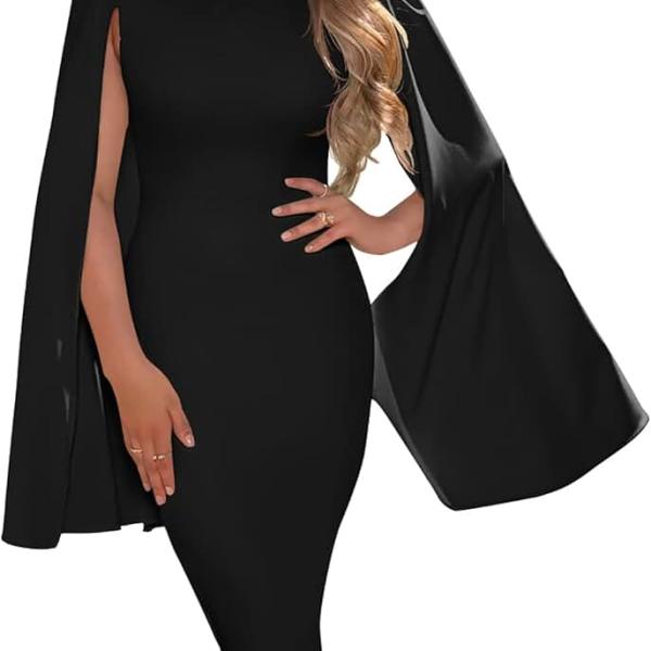 Women's Elegant Cloak Long Sleeve Back Zipper Closure Bodycon Midi Cocktail Dress