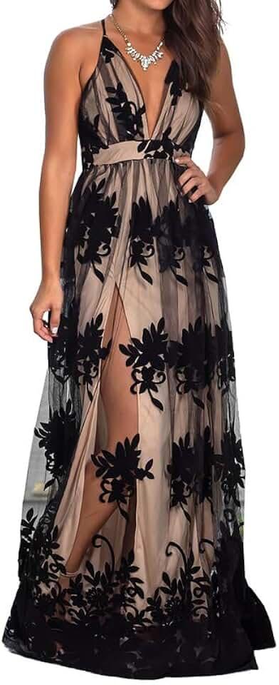 Womens 2024 Formal Dresses Plunging V-Neck Embroidered Floral Lace Mesh Velvet Maxi Dress