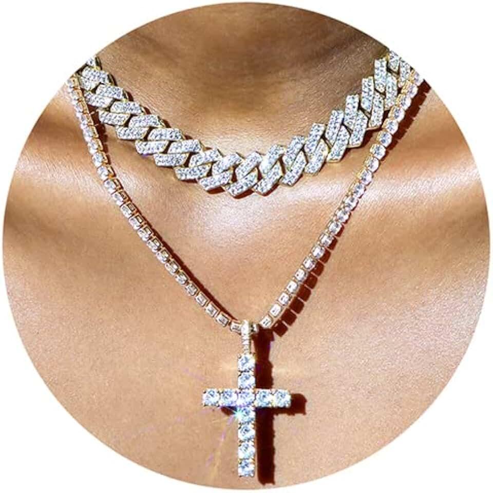 Cuban Link Chain for Men Women Cross Necklace for Men women Iced Chain Miami Cuban Link Chain Cross