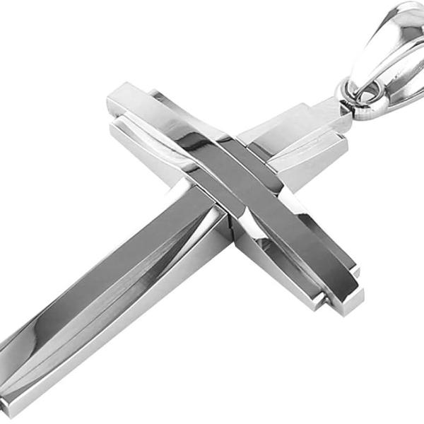 HZMAN Mens Polished Stainless Steel Silver Cross Pendant Necklace 22+2 Inches Chain