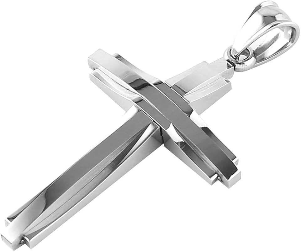 HZMAN Mens Polished Stainless Steel Silver Cross Pendant Necklace 22+2 Inches Chain