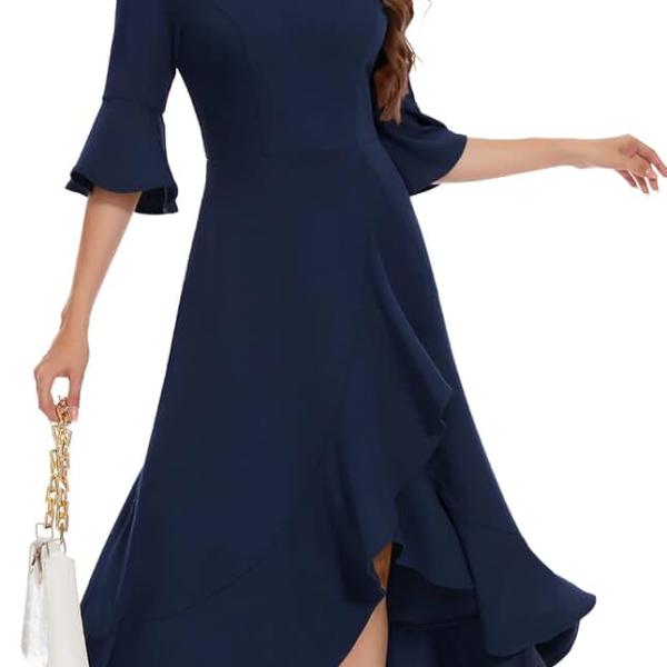 Women's V Neck Bell Sleeve Formal Dresses for Wedding Guest Ruffle Split Evening Party Cocktail Dress