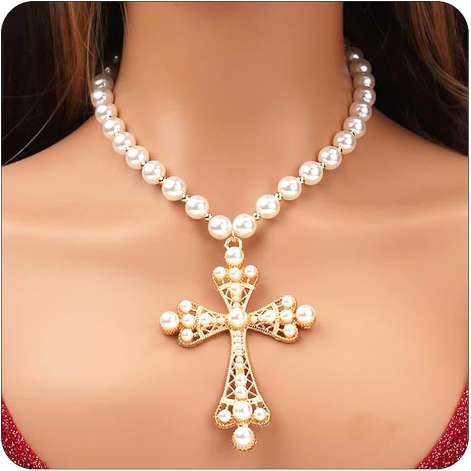 Pearl Cross Necklace for Women,Gothic Gold Chunky Long Big Cross Pendant Necklace,Pearl Beads Chain