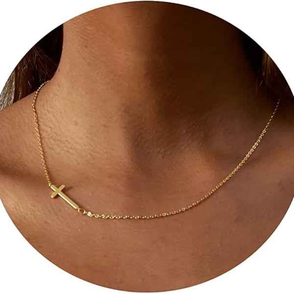 Tasiso Cross Necklace for Women 14K Gold Plated Dainty Layered Cross Paperclip Chain Choker