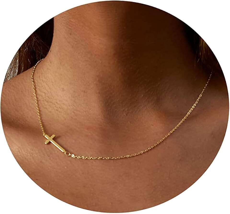 Tasiso Cross Necklace for Women 14K Gold Plated Dainty Layered Cross Paperclip Chain Choker