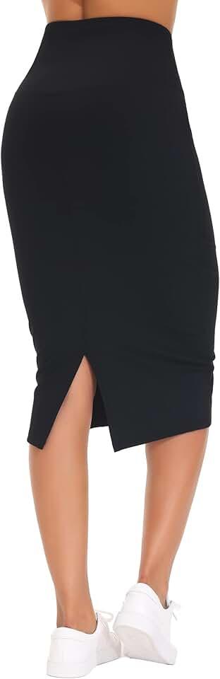 THE GYM PEOPLE Women's High Waist Tummy Control Pencil Skirts Stretchy Bodycon Midi Skirt Below Knee with Back Slit