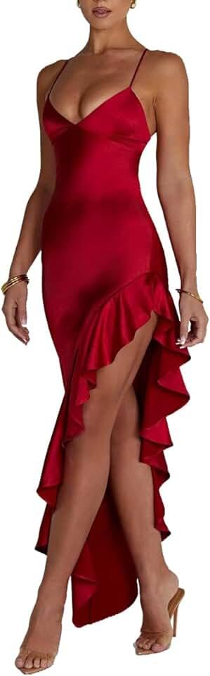 Women's Sexy Satin Spaghetti Strap V Neck Backless Side High Split Ruffle Hem Evening Party Cocktail Maxi Dress