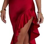 Women's Sexy Satin Spaghetti Strap V Neck Backless Side High Split Ruffle Hem Evening Party Cocktail Maxi Dress