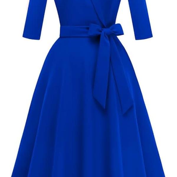 Women's V-Neck Formal Dresses 3/4 Sleeve Modest Church Dress Fit and Flare Cocktail Dress for Wedding Guest