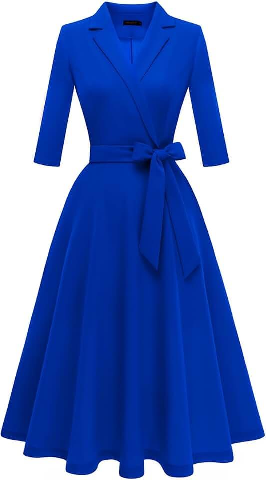 Women's V-Neck Formal Dresses 3/4 Sleeve Modest Church Dress Fit and Flare Cocktail Dress for Wedding Guest