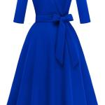 Women's V-Neck Formal Dresses 3/4 Sleeve Modest Church Dress Fit and Flare Cocktail Dress for Wedding Guest