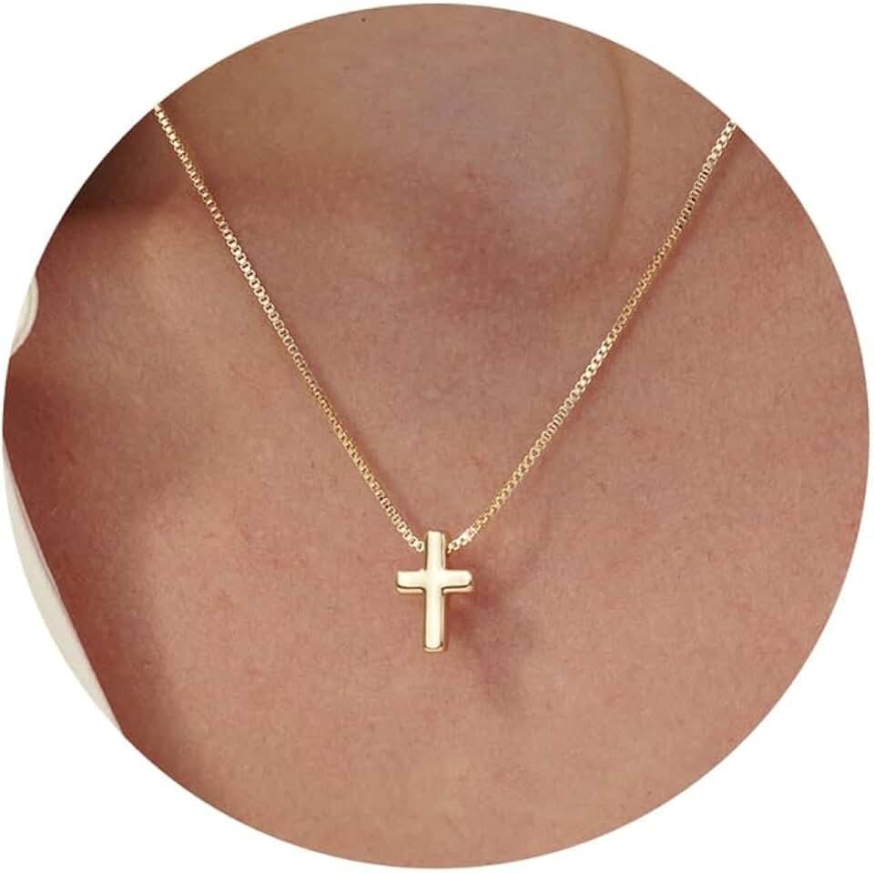 Cross Necklace, 14K Gold Plated Box Chain Cross Pendant Necklace Dainty Simple Silver Cross Tiny