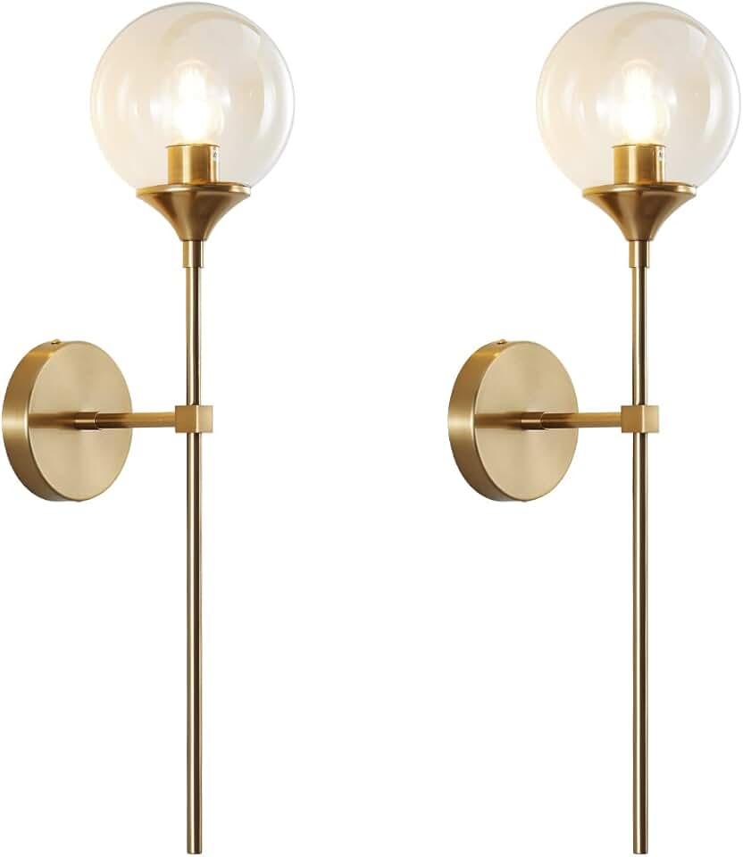 BOKT Brass Gold Wall Sconce Lighting Set of 2 Mid Century Modern Long Globe Wall Sconce Light Set