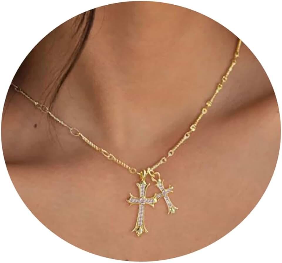 Cross Necklace 14K Gold Plated Double Cross Pendant Birthstone Necklace Dainty Diamond Cross Charm