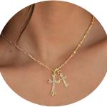 Cross Necklace 14K Gold Plated Double Cross Pendant Birthstone Necklace Dainty Diamond Cross Charm