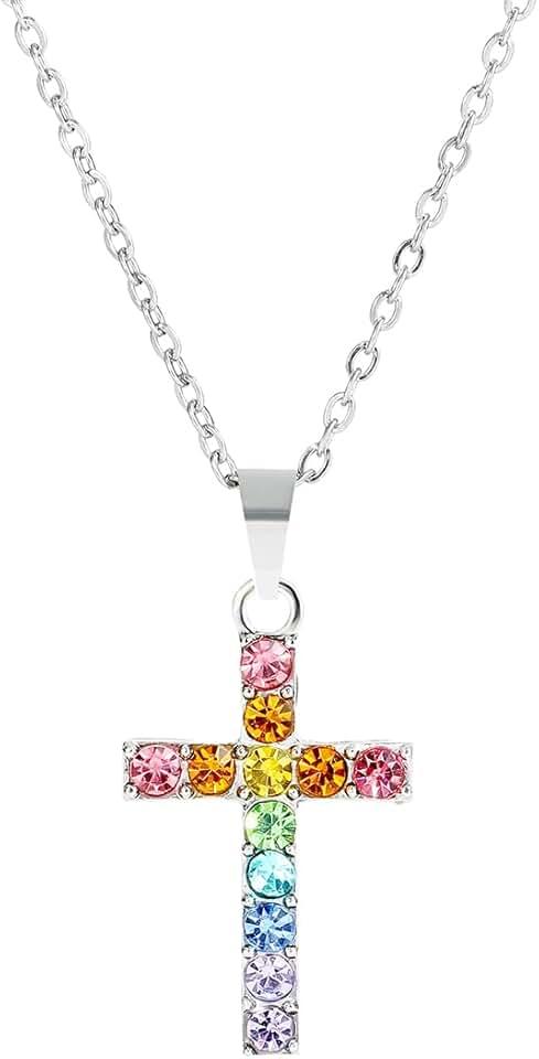 Baptism Cross Necklace for Women First Communion Silver Cross Necklaces Rainbow Cross Necklace