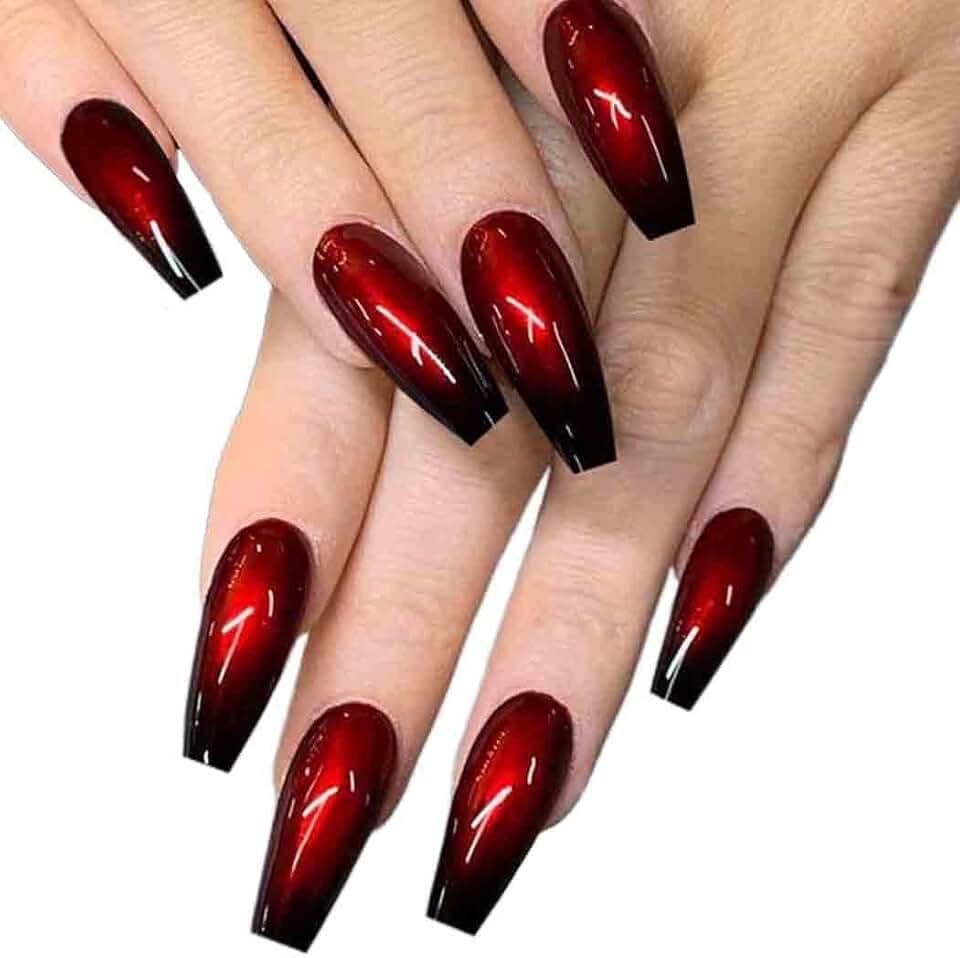 Outyua Halloween Red Black Press on Nails Ombre Coffin Fake Nails Long False nails with Designs