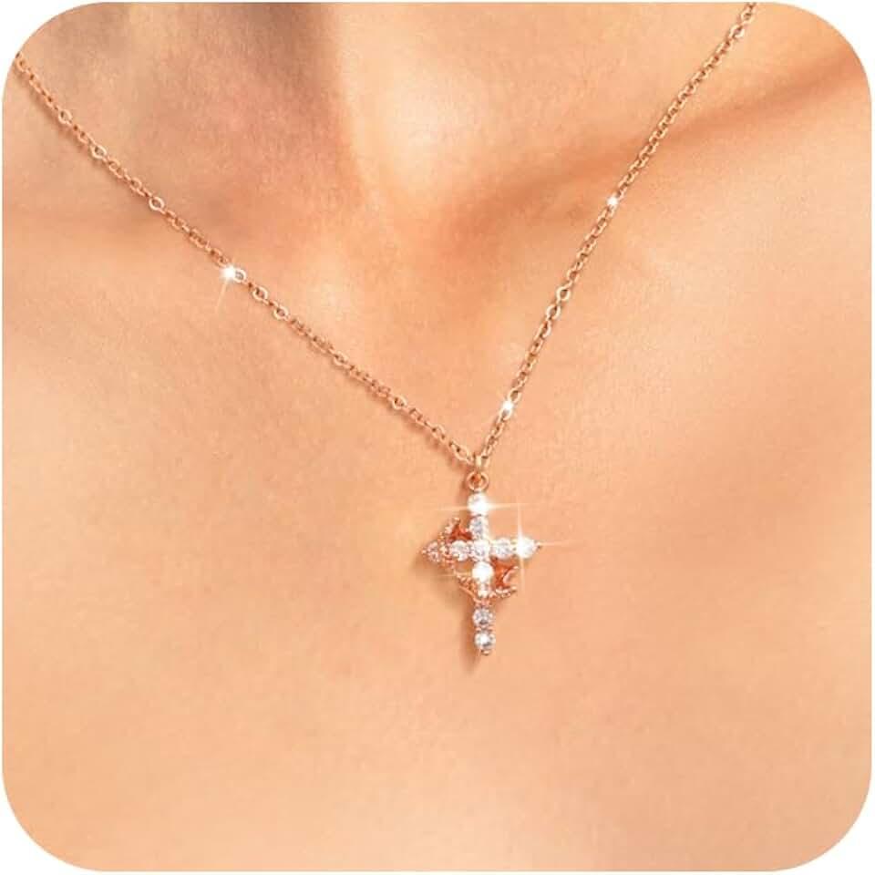 Tewiky Crown Cross Necklace for women-Dainty Sterling Silver/14k Gold Cubic Zirconia Pendant