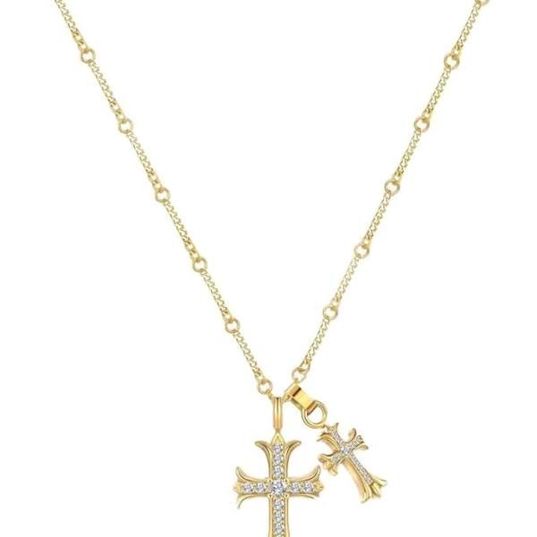 Cross Necklace 14k Gold Plated/Sterling Silver Double Cross Pendant CZ,Cubic Zirconia Cross