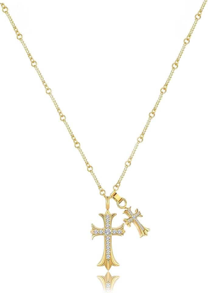 Cross Necklace 14k Gold Plated/Sterling Silver Double Cross Pendant CZ,Cubic Zirconia Cross