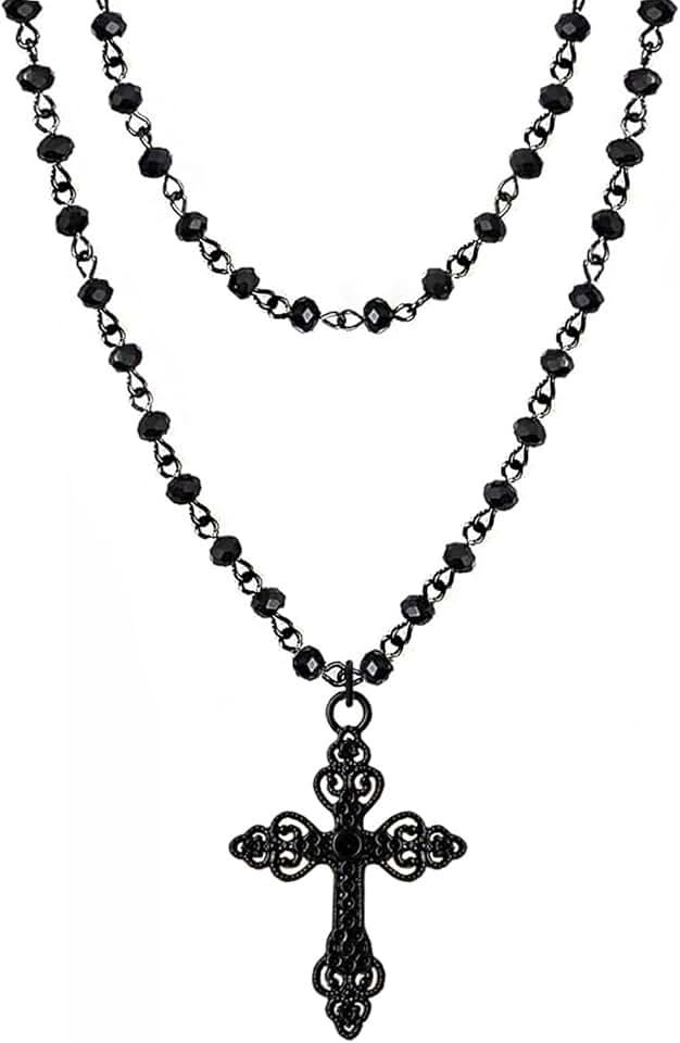 Gothic Cross Necklace Black Cross Pendant Layered Choker Halloween Jewelry for Women