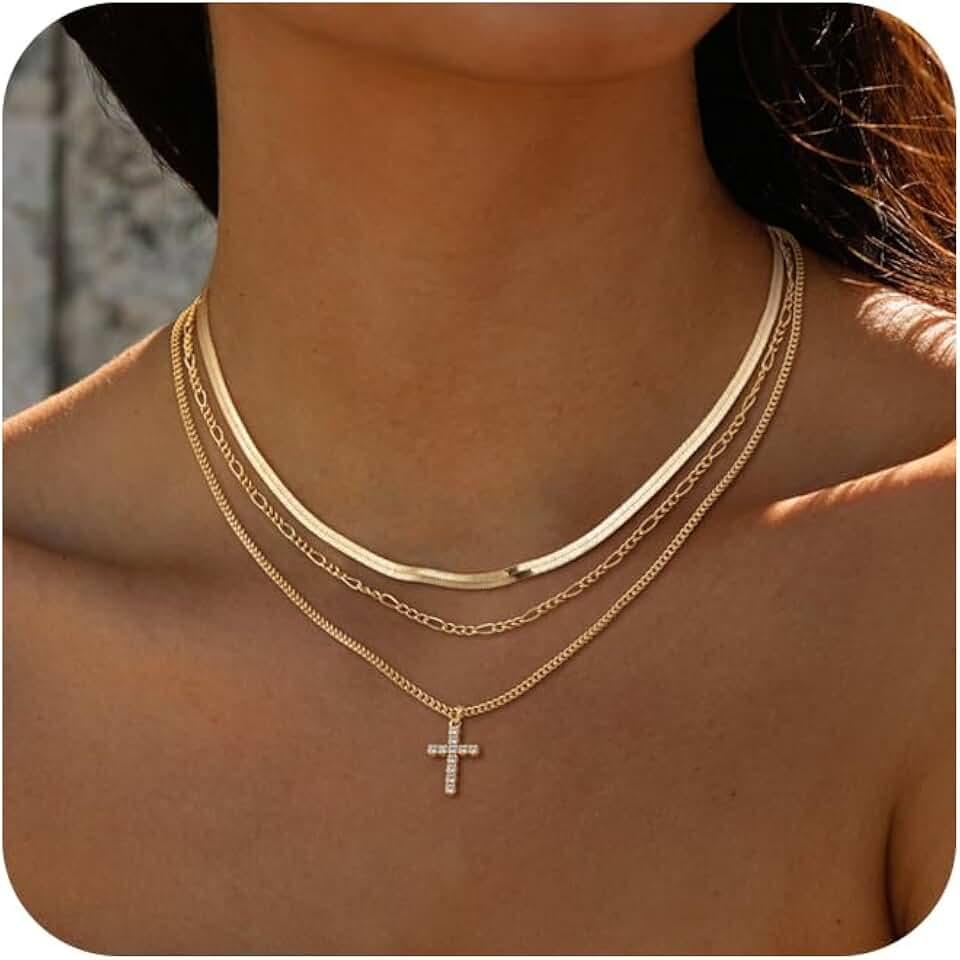 Cross Gold Layered Choker Neckalce for Women Dainty Cross Layering Pendant Necklace 14K Gold Plated