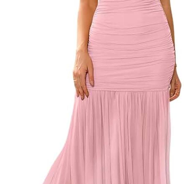 Women's Elegant Formal Long Dress One Shoulder Sleeveless Ruched Bodycon Evening Dress