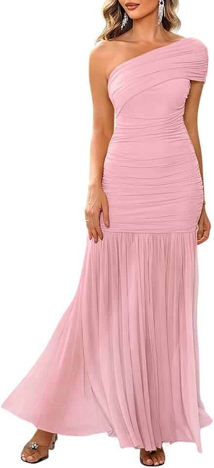 Women's Elegant Formal Long Dress One Shoulder Sleeveless Ruched Bodycon Evening Dress