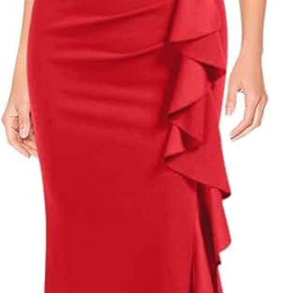 Women's Sexy Ruffle Side Split Bodycon Dress Evening Cocktail Long Dress Formal Dress