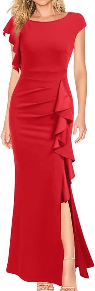 Women's Sexy Ruffle Side Split Bodycon Dress Evening Cocktail Long Dress Formal Dress