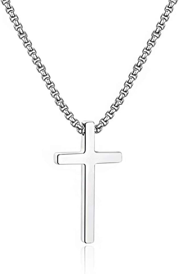 M MOOHAM Cross Necklace for Men, Silver Black Gold Stainless Steel Plain Cross Pendant Necklace for