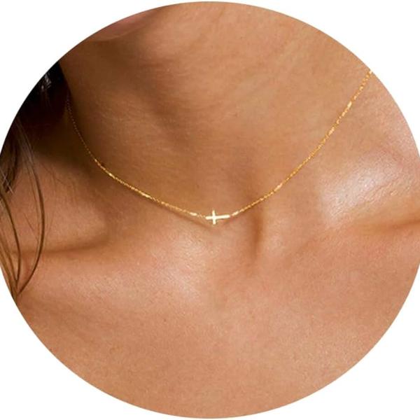 DIBOLA Cross Necklace for Women, 14K Real Gold Plated Tiny Small Cross Necklace Simple Dainty Cross