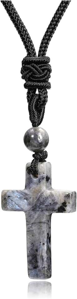 Top Plaza Cross Healing Crystal Stone Necklace for Men Natural Gemstone Adjustable Black Rope