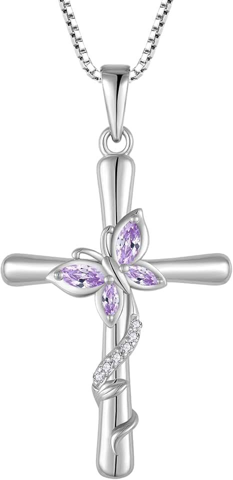 Cross Necklace for Women 925 Sterling Silver Butterfly Necklace Birthstone Created Gemstone Pendant