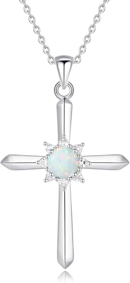 FANCIME Birthstone Cross Necklace for Women Sterling Silver Birthstone Necklace Halo Infinity Cross