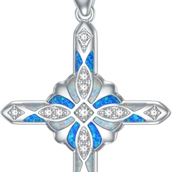 Opal Lab Grown Diamond Cross Necklace 925 Sterling Silver Lab Grown Diamond Opal Cross Necklace