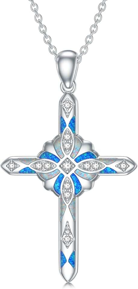 Opal Lab Grown Diamond Cross Necklace 925 Sterling Silver Lab Grown Diamond Opal Cross Necklace