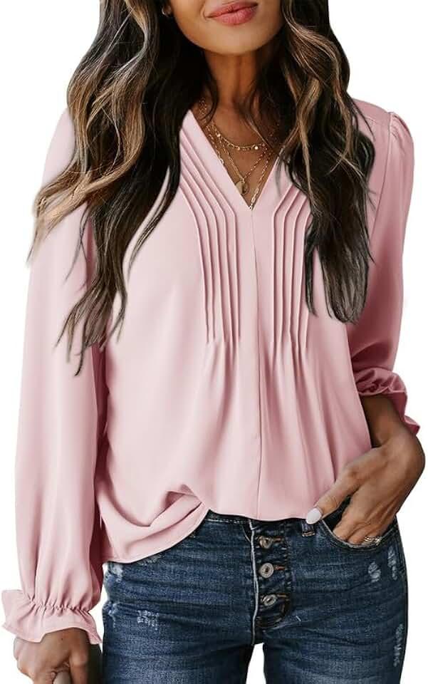 Dokotoo Womens Tops Casual Pleated V Neck Puff Long Sleeve T Shirts Loose Tunic Business Blouse