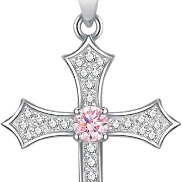 Cubic Zirconia Birthstone Accent Diamond Cross Pendant with 925 Sterling Silver Cable Chain