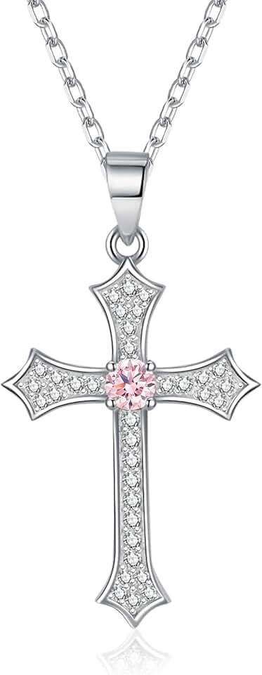 Cubic Zirconia Birthstone Accent Diamond Cross Pendant with 925 Sterling Silver Cable Chain