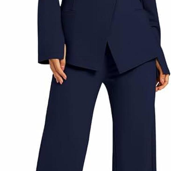 Women's 2 Piece Blazer Outfits Business Casual Asymmetrical Jacket Button Wide Leg Pants Dressy Suit Sets