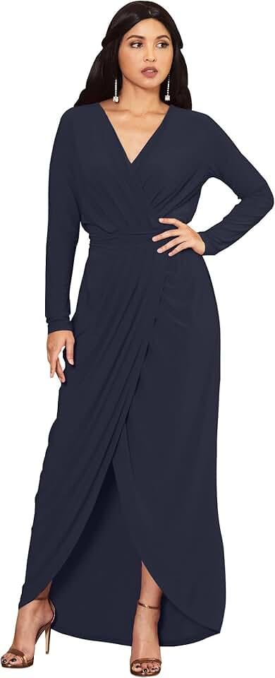 Womens Long Sleeve Formal Wrap Draped Cocktail V-Neck Gown Maxi Dress