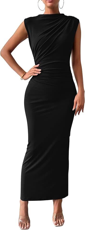 Women's Ruched Bodycon Dress Summer Casual Sleeveless Back Slit Elegant Club Evening Party Cocktail Maxi Dresses