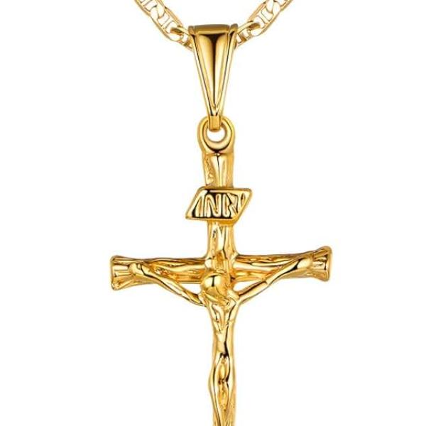 Barzel Cross Necklace for Women & Men 18K Gold Plated Flat Mariner/Marina 060 3MM Chain Necklace