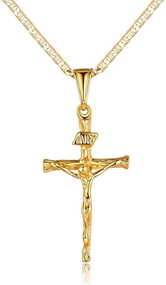 Barzel Cross Necklace for Women & Men 18K Gold Plated Flat Mariner/Marina 060 3MM Chain Necklace